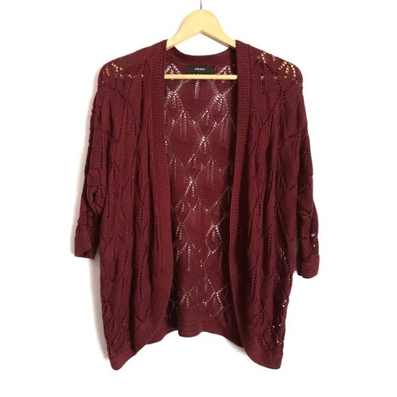 Burgundy Open Front Crochet Knit Cardigan Sweater - Picture 1 of 9